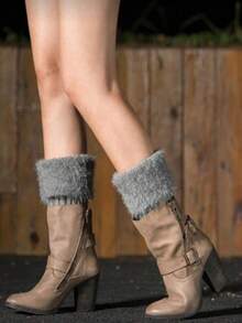 1 Pair Knitted Leg Warmers, Solid Color Knitted Fluffy Leg Cuffs, Short Style, Y2k, Cozy - Multicolor - View 3