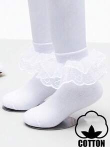 1 Pasang Kaos Kaki Anak Perempuan Balita Katun Warna Polos dengan Hiasan Renda, Kaos Kaki Tari, Kaos Kaki Pendek Gaya Putri - Putih - View 1