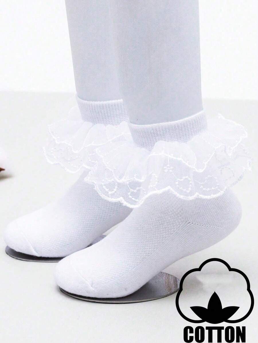 1 Pasang Kaos Kaki Anak Perempuan Balita Katun Warna Polos dengan Hiasan Renda, Kaos Kaki Tari, Kaos Kaki Pendek Gaya Putri - Putih - View 1