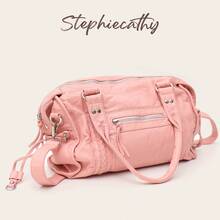 STEPHIECATHY Women's Casual Street Style Soft Washed PU Faux Leather Zipper Closure Zipper Pocket Braided Decor Large Capacity Fits 13 Inch Laptop Slouchy Tote Bag - Pink - View 6