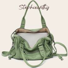 STEPHIECATHY Fashion Casual Cool Street Style Soft Brushed Washed PU Faux Leather Zipper Pocket Braided Large Capacity Fits 13 Inch Laptop Slouchy Silhouette Bag - Mist Green - View 7