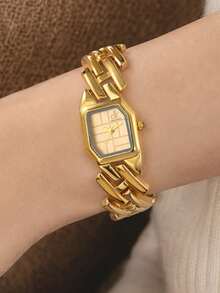 LIANDU 1 Niche Retro Gold Stainless Steel Square Small Dial Watch, Fashionable, Elegant And Gorgeous Style Women's Watch, Suitable For Daily Wear - Gold - View 4