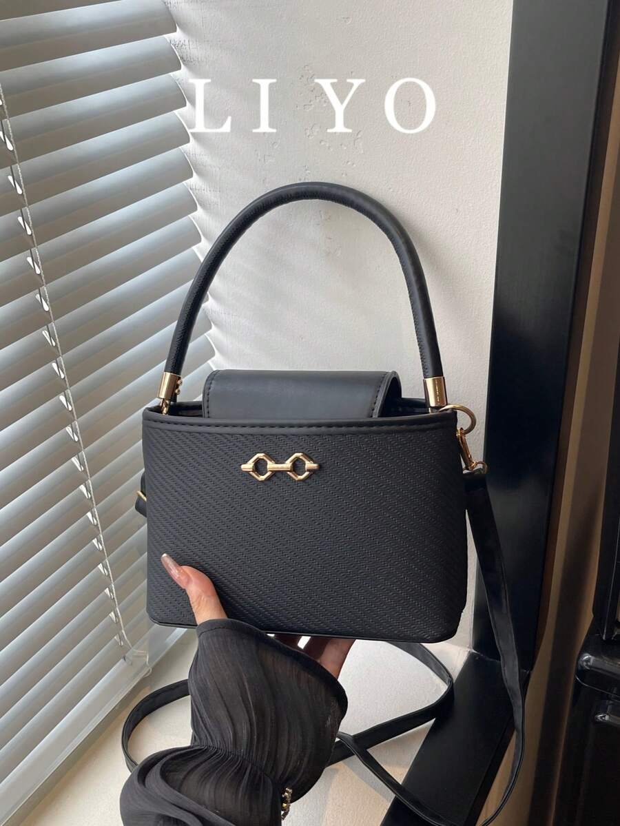 Women Vintage Textured Top‑Handle Handbag Luxury Gold Metal Decor Crossbody Shoulder Bag Daily Purse
