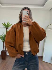 Jaket Tenun Lengan Panjang Kerah Tegak dengan Resleting Penuh Warna Cokelat untuk Wanita, Cocok untuk Dipakai di Musim Gugur - Coklat - View 2