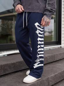 MAISONFOX Men's Letter Print Drawstring Waist Straight Leg Long Casual Pants, Suitable For Outings, Parties, Back To School, Sports, Fitness, Autumn Wear - Navy Blue - View 11
