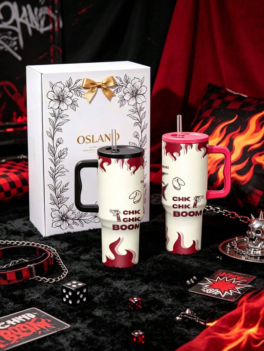 1pc/5pcs 40oz Red Flame CHK BOOM Letter Print Handle Travel Mug, Double-Wall Stainless Steel Large Capacity Cup, Street Style Pattern, Suitable For Office And Road Trips - Multi-color-flame - View 1