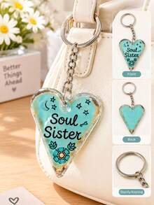 2D Flat, Soul Sister Heart-Shaped Keychain, Designed With Moon And Stars, Beautiful Blue Tones, Acrylic Material, Friendship Pendant, Bag Accessory - Multicolor - View 3