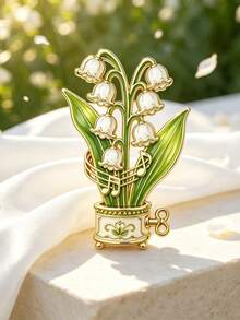 Lily Of The Valley Music Box Shaped Asymmetrical Brooch With Musical Note And Green Leaf Potted Plant Pattern, Fresh Artistic Decorative Accessory For Coat, Scarf And Canvas Bag - A - View 9