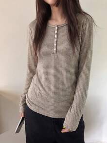 American Vintage Striped Deep U-Neck Button Long Sleeve T-Shirt - Apricot - View 2