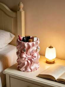 1pc Ins Style Bow Satin Makeup Brush Holder, Girly Desktop Makeup Storage Bucket - Multicolor - View 6