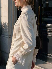 French Vintage Lace Trim Stand Collar Blouse For Women, Lace Patchwork Neckline And Cuffs, Puff Long Sleeves With Pearl Button Placket, Accordion Pleat Design, Elegant Commuter Style, Gentle Elegant, Suitable For Outings And Dates - Gold - View 3
