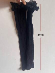 1 Pair Women's Lace Trim Thigh High Socks, Black, Cozy Socks - Black - View 4