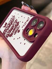 Matte Stepped Eye Frame Phone Case, Burgundy Frame Phone Case, Minimalist White Background Hand-Drawn Graffiti Christmas Tree Letter Print Raised Camera Protection Anti-Drop Soft TPU Protective Shell, Compatible With Apple 11, 12, 13, 14, 15, 16, 17, 18 Pro Max. Minimalist Neutral Style Phone Case, Designed For Women - Burgundy - View 3
