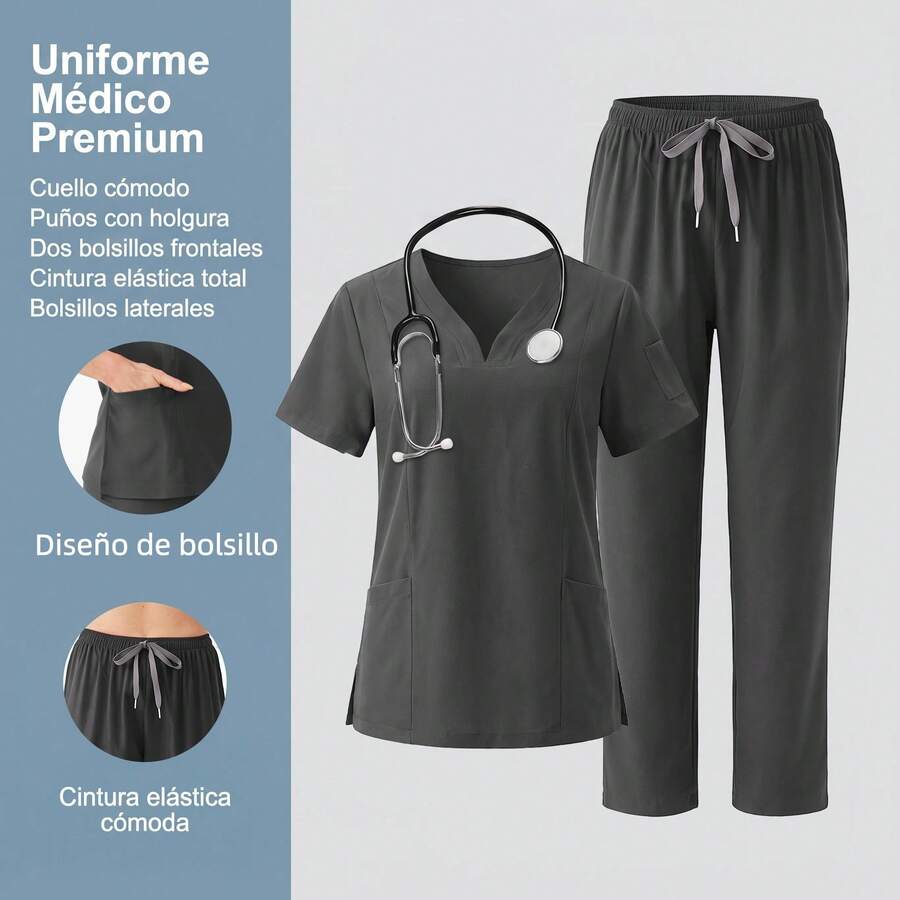 Conjunto 2 Piezas Uniforme Médico para Dama, Top Escote en V Manga Corta con Pantalón Cintura Elástica y Cordón, Ropa de Trabajo Stretch Transpirable para Enfermería, Clínica Dental - Negro - Ver 1