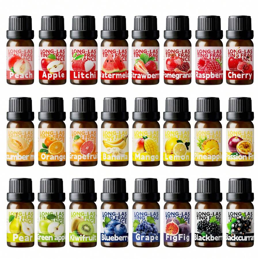 EMBRACEX. 28種10ml水果香精油，居家芳香精油，包含芒果、葡萄、葡萄柚、檸檬、橙子、蘋果、櫻桃、草莓、荔枝、桃子、西瓜、鳳梨、藍莓、覆盆莓、香蕉、無花果、奇異果、木瓜、黑莓、石榴、梨、蔓越莓、黑醋栗、百香果等水果香調，持久留香禮品，適用於芳香擴香機、蠟燭製作等