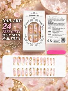 Fall Winter 24Pcs Press On Nails Kit, White French Tip 3D White Flower Gold Metal Lines Pearl Rhinestone Fake Nails, Reusable Full Cover Nails With Jelly Glue And Nail File For Women Manicure - White - View 3
