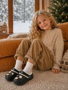 Children's Hollow Garden Clogs With Plush Warm Lining, Elegant Pearl Ballet Style Shoe Decor, Indoor And Daily Wear Slippers - Black - View 2