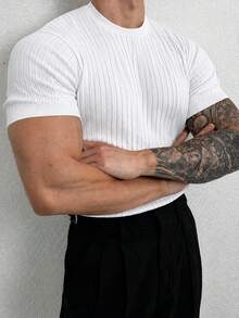 Suéter de punto blanco liso con cuello redondo y manga corta, acanalado vertical, ajuste ceñido, textura casual, para verano, primavera y otoño - Blanco - Ver 2
