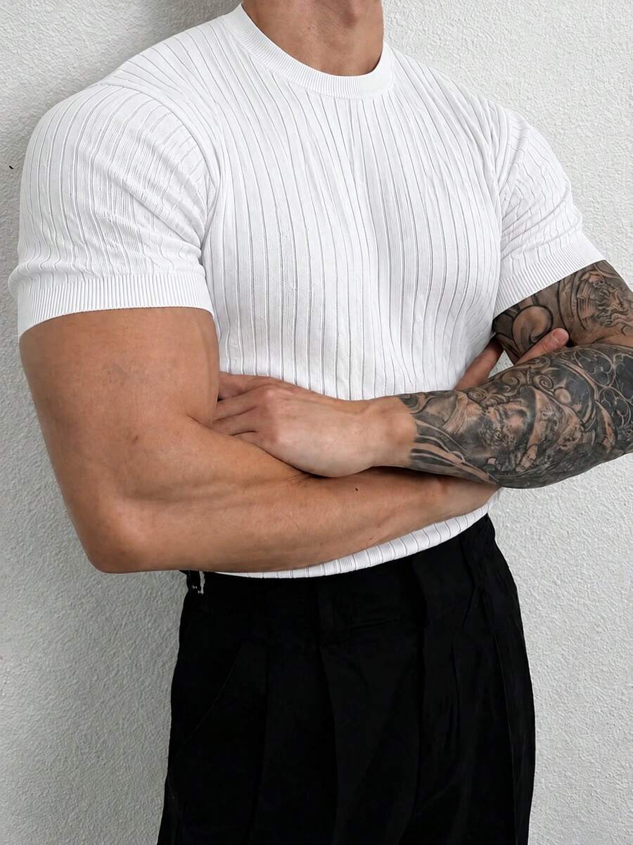 Suéter de punto blanco liso con cuello redondo y manga corta, acanalado vertical, ajuste ceñido, textura casual, para verano, primavera y otoño