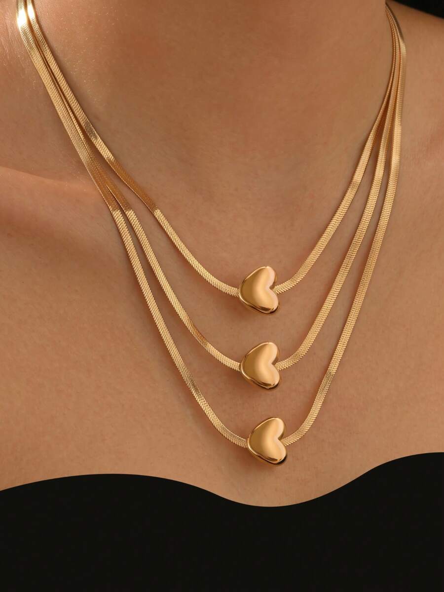 1pc Fashionable Exquisite 3-Layer Flat Snake Chain Heart Pendant Layered Collarbone Necklace, Suitable For Women's Daily Wear, Holiday Gift And Birthday Gift - Gold-heart - View 1