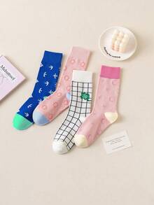 4 pares de calcetines de media caña para mujer con estampado de estrella, luna, flor y pájaro, estilo dulce y fresco para otoño/invierno, estilo INS, color contrastante, versátiles y casuales - Multicolor - Ver 2
