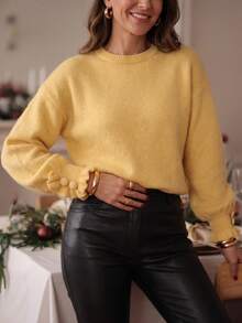 Fashion Plus Size Yellow Knit Sweater, Long Sleeve Design With Unique Ruffle Cuffs, Regular Length, Medium Stretch, Suitable For Autumn Wear - Yellow - View 3