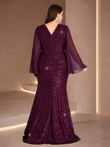 Đầm dạ hội thanh lịch size lớn màu trơn cổ chữ V đính sequin phối mảng (gia công tỉ mỉ) - Màu tím - Xem 2