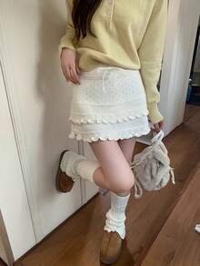 Rok Mini Rajut Gaya Korea untuk Wanita, Desain Baru Musim Gugur/Dingin, Rok A-Line Ramping Pinggang Tinggi dengan Tali Serut dan Hiasan Rumbai - Putih - View 2