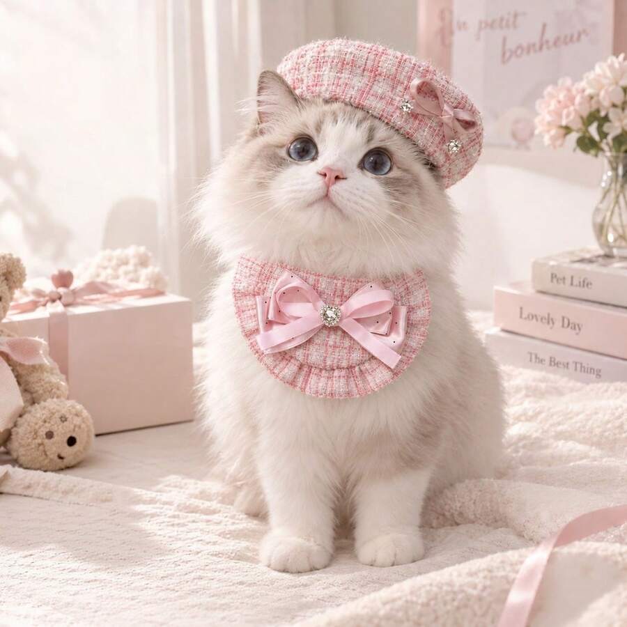 Pet Beret Hat And Bib Set, Suitable For Cats And Small Dogs, Pink And White Tweed Beret Hat With Bow And Rhinestone Details, Adjustable Pet Bib With Large Bow, Birthday Party Photo Props And Daily Wear Accessories
