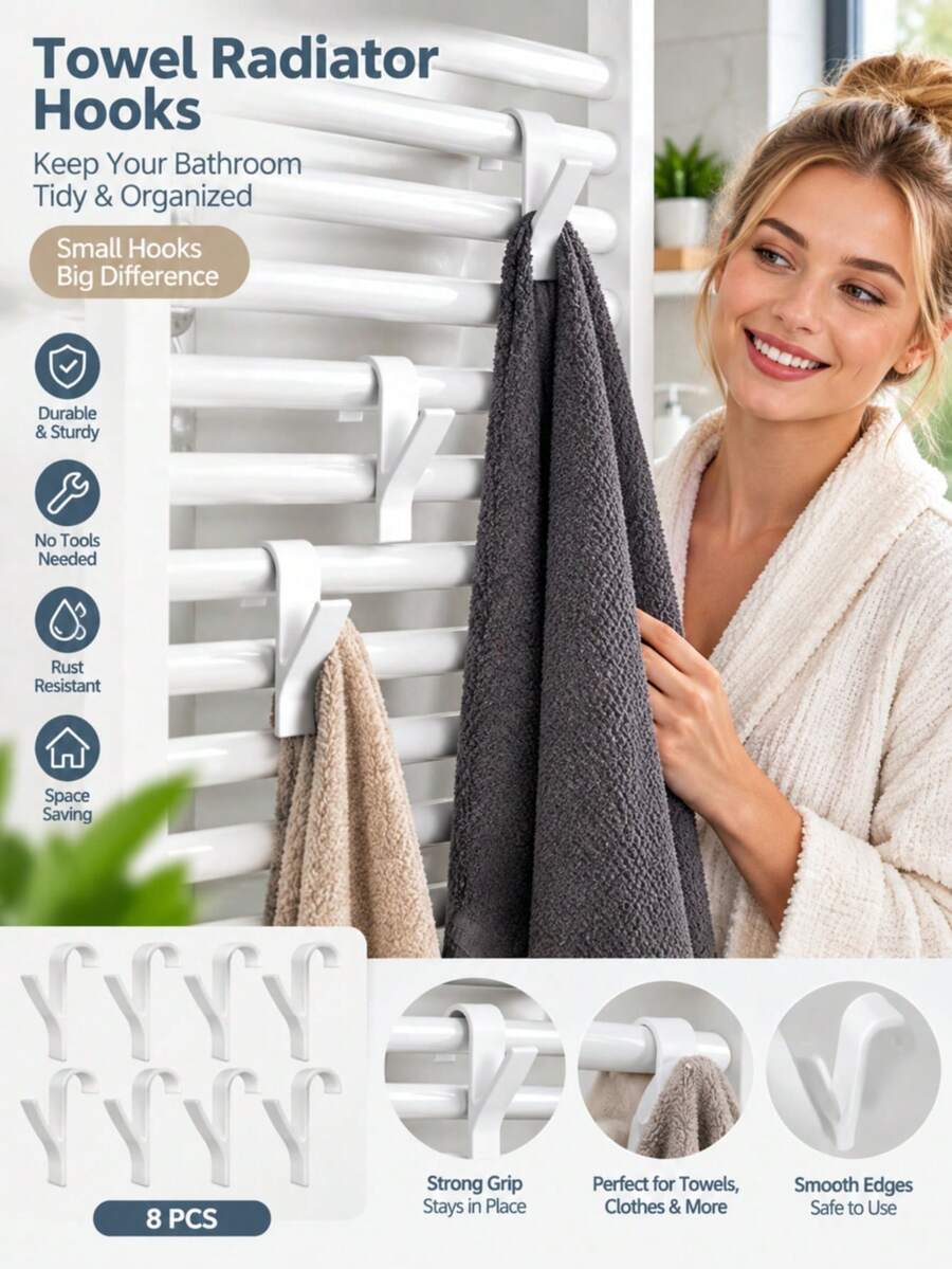4/8pcs Bathroom Radiator Hooks, Bathroom Robe Hooks, Bathroom Hook Storage Rack, Clothing Hooks, Bulk Accessories, Easy Install Wall-Mounted Clothing Hooks, Space-Saving, Sturdy Bathroom Radiator Hooks, No Drilling Required