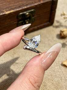 1pc Fashionable Exquisite Niche Silver Water Drop Open Ring For Women, Personalized Elegant Light Luxury Cool High-End Hand Jewelry - Teardrop Diamond Ring - View 2