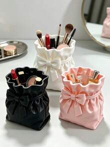 Cute Bow Decor Makeup Brush Holder, PU Leather Drawstring Bag Style Cosmetic Storage Cup, Desktop Vanity Organizer Box, Suitable For Lipstick, Eyebrow Pencil, Women's Makeup Table Decor Gift - Multicolor - View 3