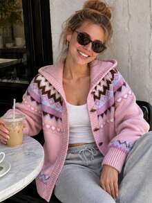JIANHU Women's Pink Hooded Fair Isle Pattern Button-Up Cardigan, Suitable For New Year, Outdoor, Travel And Daily Wear - Pink - View 4