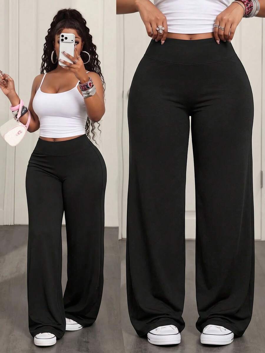 Celana Panjang Wanita Elegan Modern untuk Kantor, Cocok untuk Aktivitas Komuter, Olahraga, dan Kerja, Warna Polos, Potongan Slim Fit dan Model Flare. - Hitam - View 1