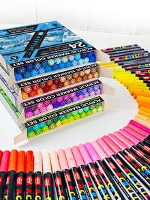 24 Colors/Box Creative Water-Based Paint Markers, Suitable For Doodling And Painting On Different Surfaces, Portable Multicolor Marker Set For Artists,School,A Gift For Friends - Sets - View 1