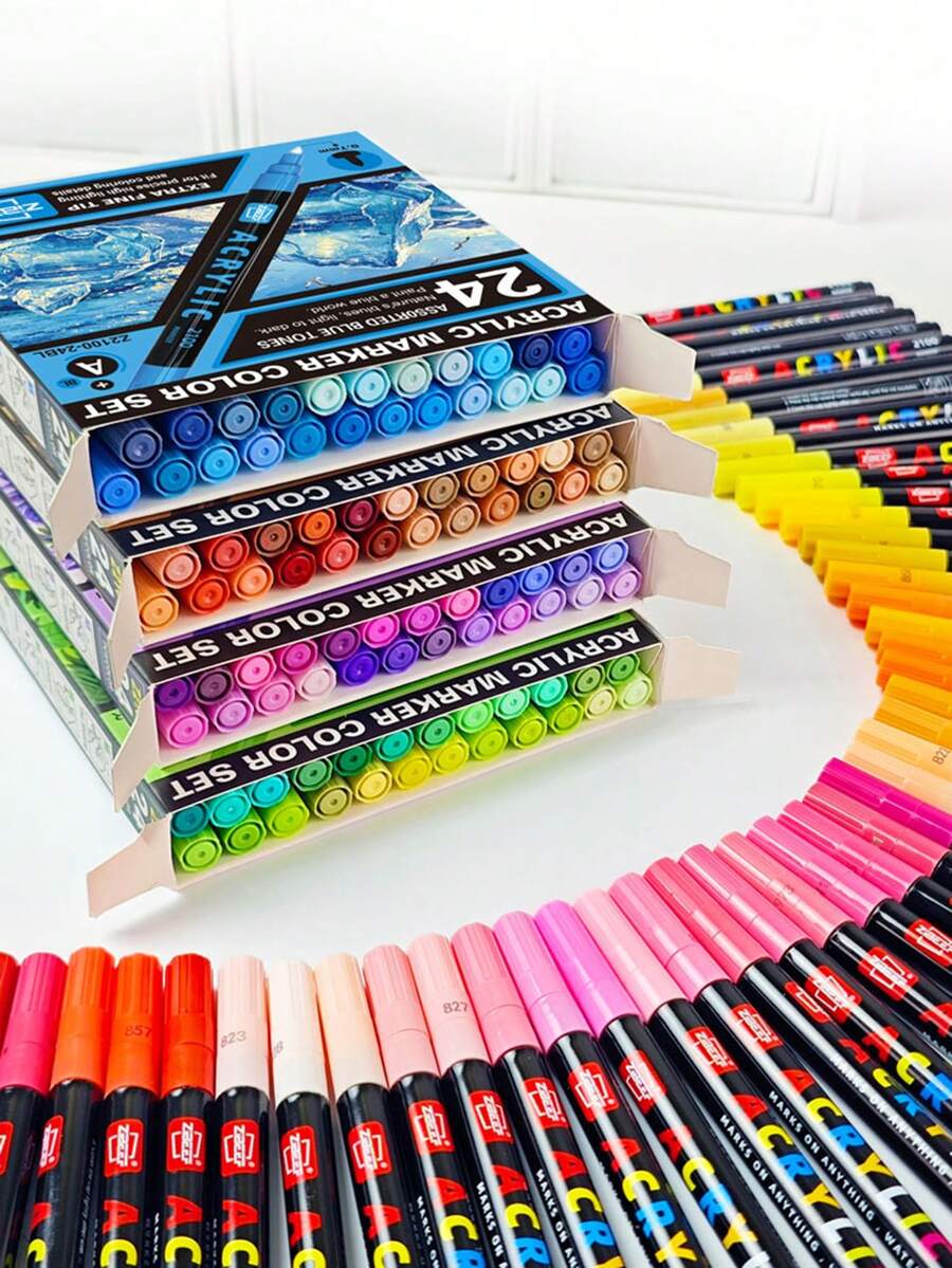 24 Colors/Box Creative Water-Based Paint Markers, Suitable For Doodling And Painting On Different Surfaces, Portable Multicolor Marker Set For Artists,School,A Gift For Friends - Sets - View 1