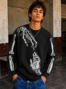 FRACTYR Men's Loose Crew Neck Sweatshirt, Vintage Skeleton Arm And Palm Sketch Print Long Sleeve Pullover, Dark Punk Streetwear - Black - View 1
