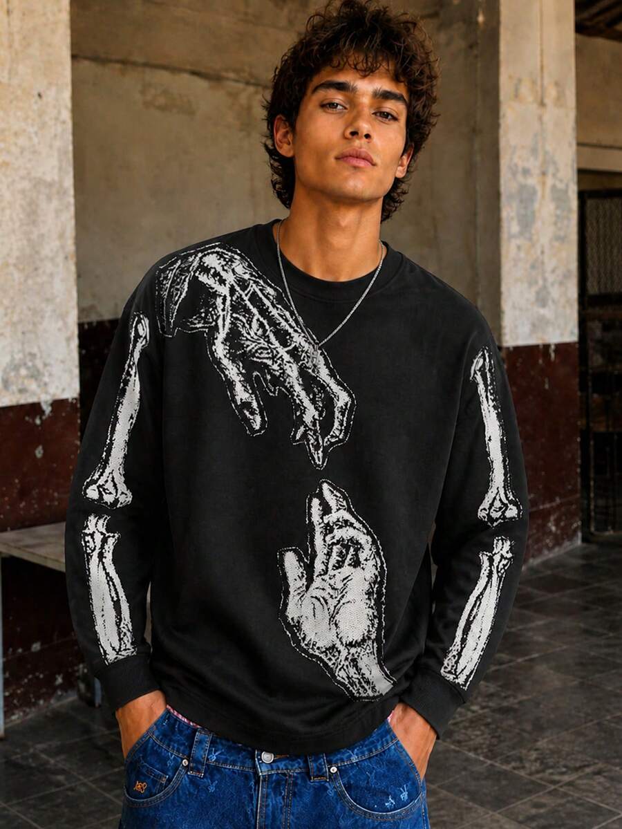 FRACTYR Men's Loose Crew Neck Sweatshirt, Vintage Skeleton Arm And Palm Sketch Print Long Sleeve Pullover, Dark Punk Streetwear - Black - View 1