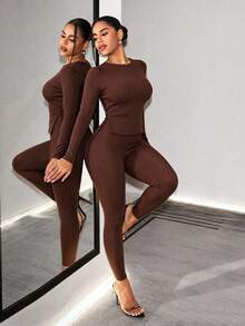 RNU Setelan 2 Potong Wanita Kasual Musim Gugur/Dingin, Bahan Bertekstur Ribbed, Atasan Rajut Lengan Panjang Slim Fit dengan Leher Bulat Kecil - Coffee Brown - View 6