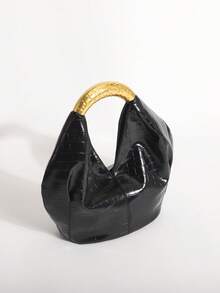 1pc Black Stone Pattern Embossed PU Ruffled Design Vintage Metal Hardware Handbag, Exquisite Fashion Zipper Bucket Bag, Suitable For Commuting And Shopping - Black - View 3