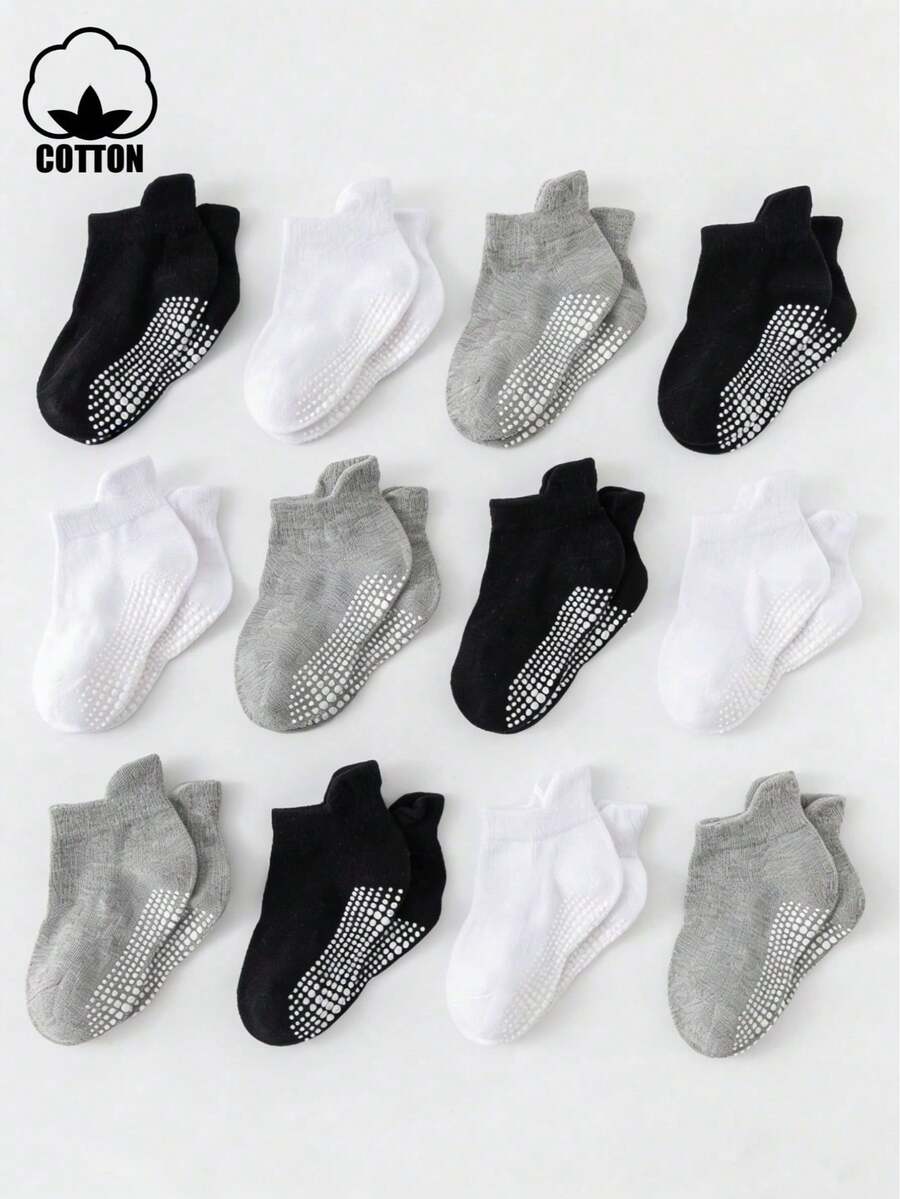 12 Pasang Kaos Kaki Anak-Anak Warna Hitam, Putih, Abu-abu, Bahan Katun Anti Selip, Cocok untuk Olahraga, Trampolin, dan Pakaian Dalam Ruangan - MultiWarna - View 1