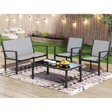 Juego de Muebles de Patio de 4 Piezas Gris 102.1x21.1x56.1 cm| Juego de Conversación al Aire Libre con 1 Sofá Doble 2 Sillas Individuales y Mesa de Centro de Vidrio| Estructura de Metal Negro con Tapizado Textilene| para Patio Jardín Césped y Piscina| Fácil de Armar - Gris - Ver 3