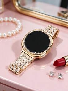 水鑽錶帶與錶殼，相容 Galaxy Watch9/8 40mm 與 44mm，優雅時尚亮面金屬水鑽錶帶，防摔防刮水鑽錶殼，適用於 女款智慧手錶錶帶與錶殼，休閒商務派對奢華風 - 鑲鑽錶帶+錶殼-金色 - 查看 3