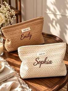 1pc Custom Knitted Jewelry Storage Bag, Embroidered Name Cosmetic Bag, Wheat Ear Pattern Washbag, Bridesmaid Gift - Multicolor - View 4