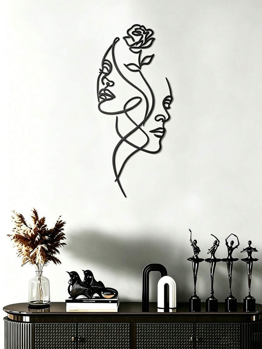 3 Sizes Available! Metal Minimalist Abstract Female Wall Decor, Line Art Wall Decoration, Female Home Hanging Ornament, Suitable For Bathroom And Living Room - Black - View 1