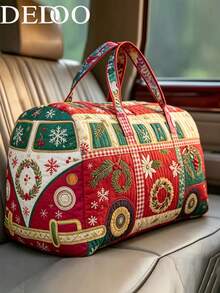 Dedoo Women's Christmas Patchwork Quilted Travel Luggage Bag, Polyester Snowflake Wreath Pattern Weekend Travel Tote, Large Capacity Holiday Vacation Bag (Hand-Carried Pattern Random) - Multicolor - View 7