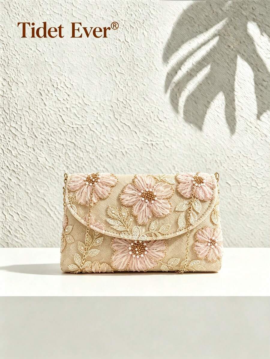 Tidet Ever 香檳色花卉珍珠刺繡手拿包,附鏈條肩帶,網格晚宴包,適合女性,適用於舞會、伴娘及婚禮賓客場合 - 香檳色 - 查看 1