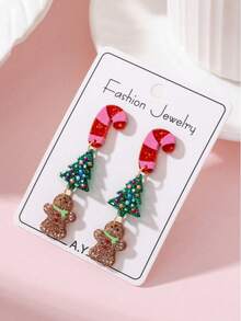 1 Pasang Anting-Anting Perhiasan Wanita Desain Pohon Natal Tongkat Natal Berkilau dan Manusia Kue Jahe yang Lucu, Hadiah Sempurna untuk Pesta Liburan - MultiWarna - View 2