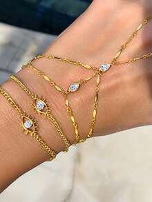 1pc Women's Finger Bracelet, Gold-Tone Copper Inlaid With Water Drop CZ Evil Eye Design, Luxury Style, Suitable For Daily Wear, Gatherings And Parties - Multicolor - View 6
