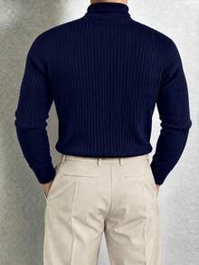 Men's Navy Blue Cable Knit Turtleneck Sweater, 3D Textured Slim Fit Pullover Knit Top, Solid Color Inner Layer For Autumn/Winter Commute - Navy Blue - View 4